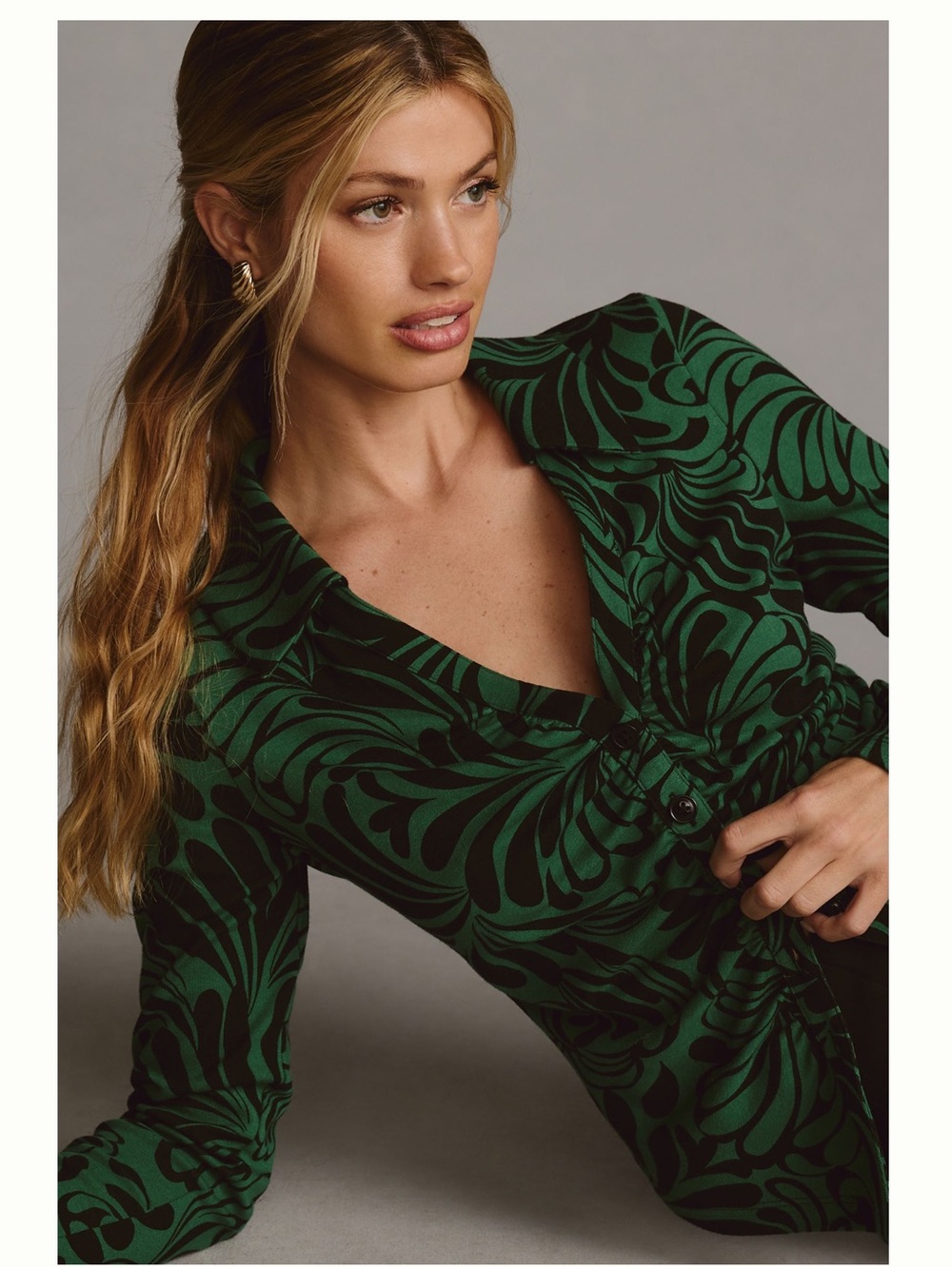 Maeve Rushed Green & Black Swirl Print Button Front Blouse